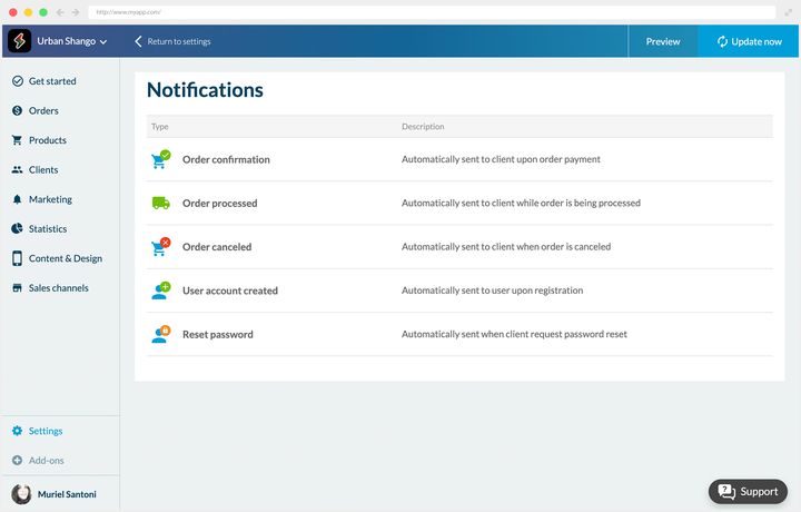 The screen of automatic notifications, as a two-column table. Five rows, each preceded by its icon: order confirmation, order processing, cancellation, account creation and password reset. Facing each one, the description says when it goes out.