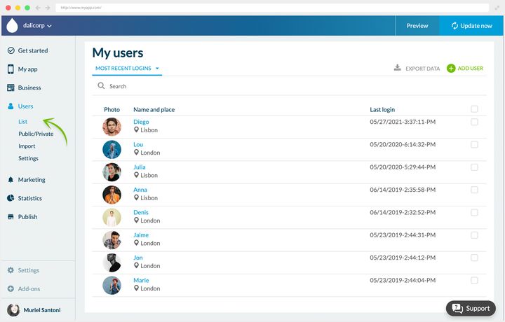 The list of registered users. A sort menu at the top left, a search field below it, and on the right two actions, exporting the data and adding a user by hand. Each row carries the person's photo, their name, their city and their last login, and ends with a checkbox.