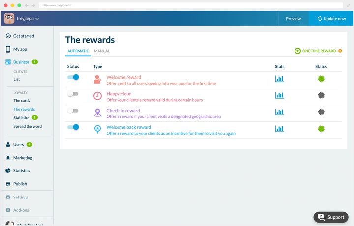 List of automatic rewards: welcome reward, happy hour, check-in reward, comeback reward, each with an activation switch.