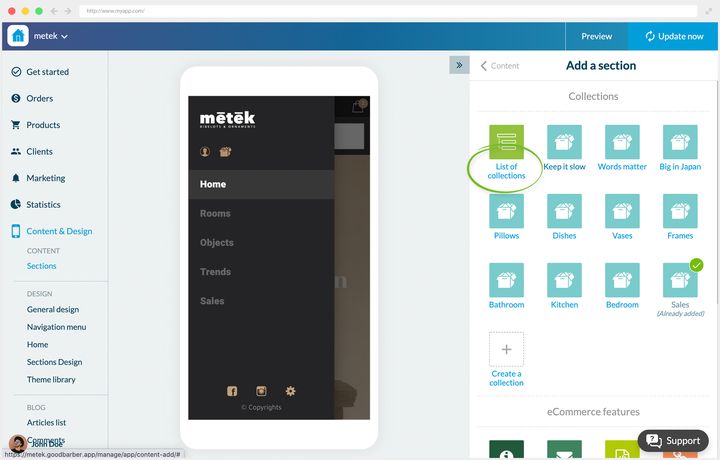 The panel for adding a section, open on the collections group. A first tile, circled, adds a list of collections; the next ones add a specific collection, the one already in the app carrying a green tick; the last one creates a collection. On the left, the app preview follows the changes.