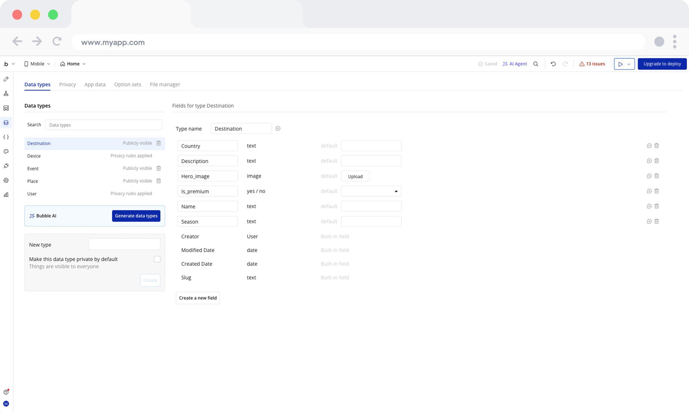 Bubble data modeling interface, entities and relationships in the AURORA build