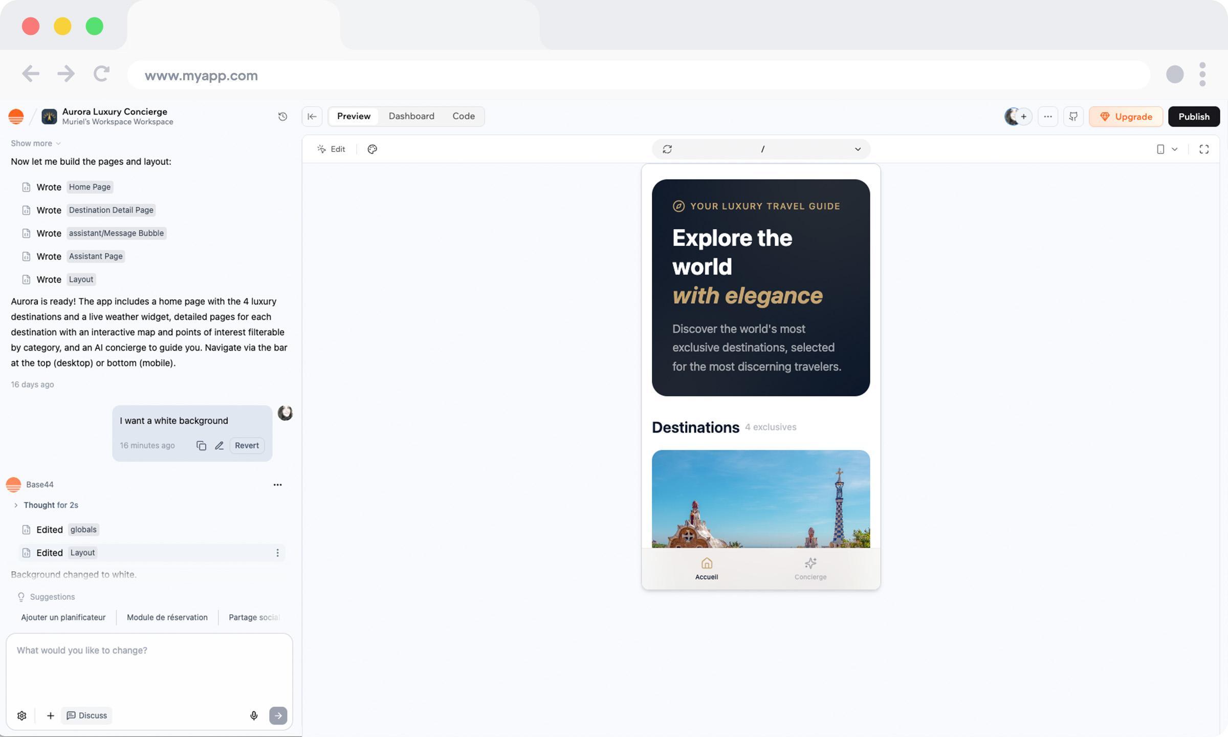 Base44 AI-driven app generation interface during the AURORA build