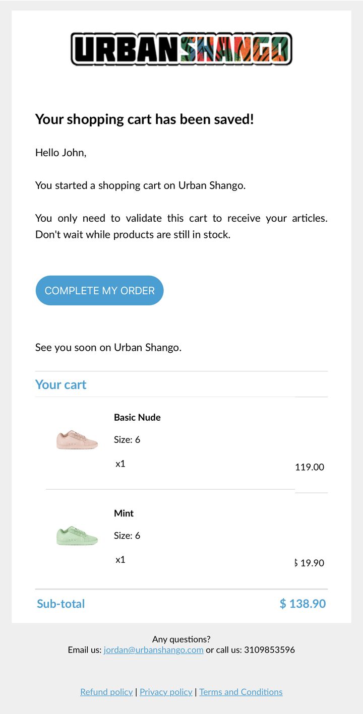 The reminder by email, the day after. Under the headline announcing the cart kept aside, a button leads straight to the order, then the cart is recapped item by item, with sizes, prices and the subtotal.