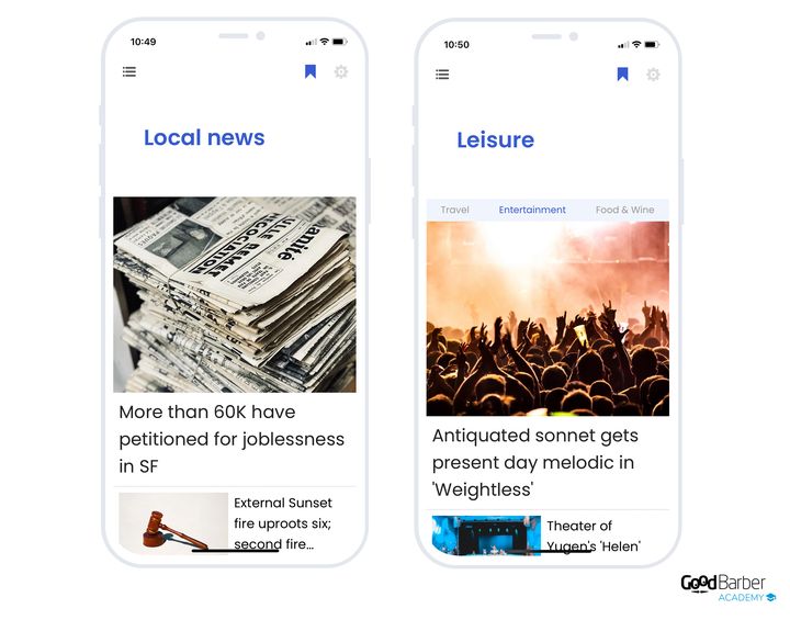 Two sections of a news app: on the left, a list where the first article shows large and the next ones in rows; on the right, a section topped with a bar of sub-categories that filters the same list.