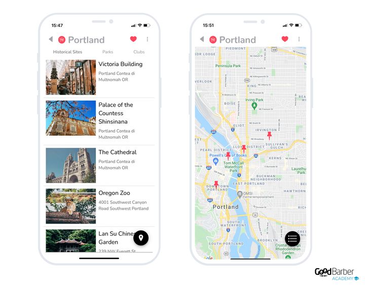 Two screens of a city guide: on the left the list of locations, under a bar of sub-categories, with a round button that switches to the map; on the right the full-screen map, its markers, and the button that goes back to the list.