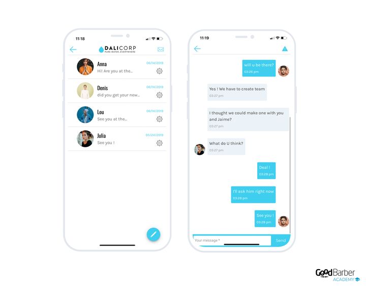 Two chat screens in the app: on the left the list of conversations, each with its correspondent's avatar, the start of the last message, its date and access to settings; a round button at the bottom right starts a new one. On the right, an open conversation, its alternating timestamped bubbles, the input field and its send button, and at the top right the reporting icon.
