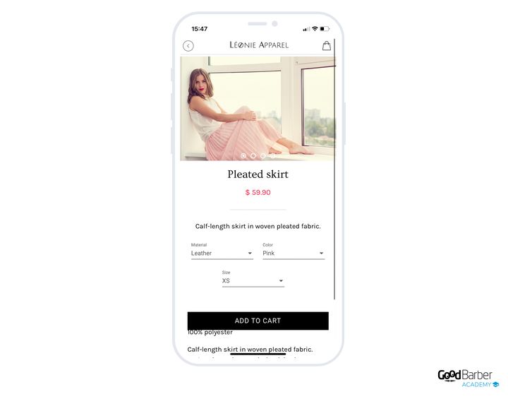 The same skirt page, but with three dropdowns to fill in before buying: material, colour and size. The add-to-cart button is pushed further down.