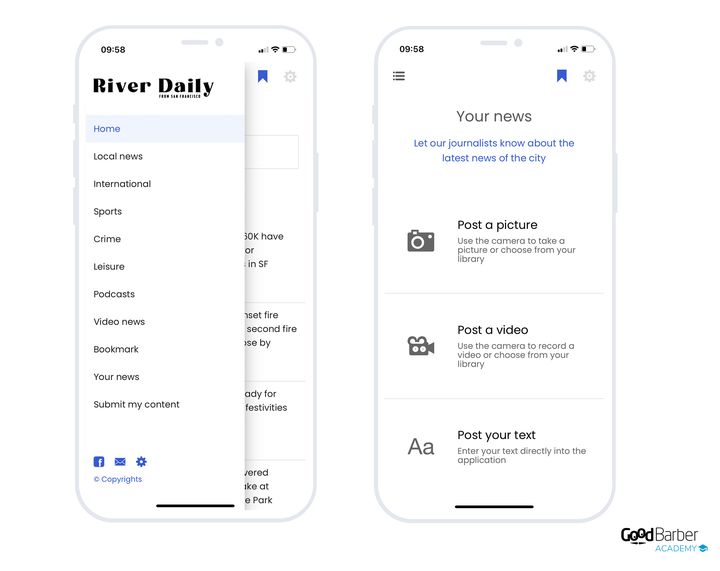 In a news app: the menu carries two contribution entries, and the posting screen invites readers to report their city's news by sending a picture, a video or a text.