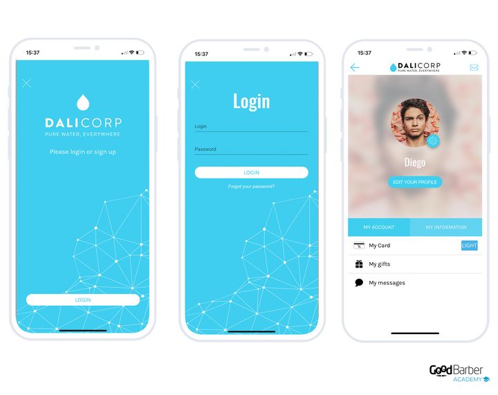 Three app screens side by side: the invitation to sign in, with the company logo and an entry button; the sign-in form, two fields and a forgotten-password link; then the user's profile, their photo over a blurred background, a button to edit their details, and under two tabs their account entries: their card, their gifts, their messages.