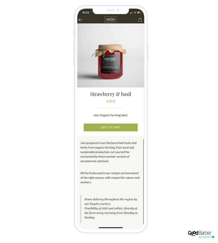 A jam's product page in the app. The photo of the jar takes the top, then come the name, the price, a short description and the add-to-cart button. Below, the long description explains how it is made and when the fruit is picked, and an italic box gives the delivery and collection terms.