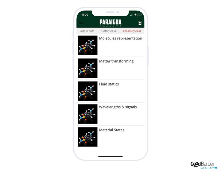 A list of episodes in a school app, under a bar of sub-categories that separates the subjects. Each row carries its thumbnail and its title.