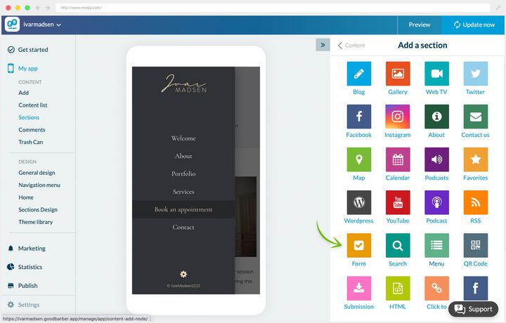 The panel for adding a section, the arrow pointing at the form tile, in a catalogue that has grown longer. On the left, the preview of the decorator's app, menu open.