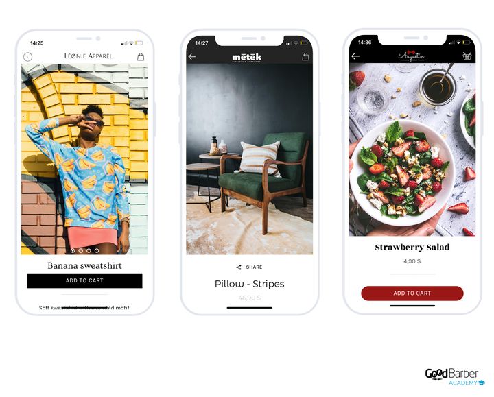 Three product pages from three different shops: a sweatshirt worn in front of a painted wall, a cushion sitting on an armchair in a living room, a salad held in both hands above a laid table. In each case the product is photographed in use rather than on a plain background.