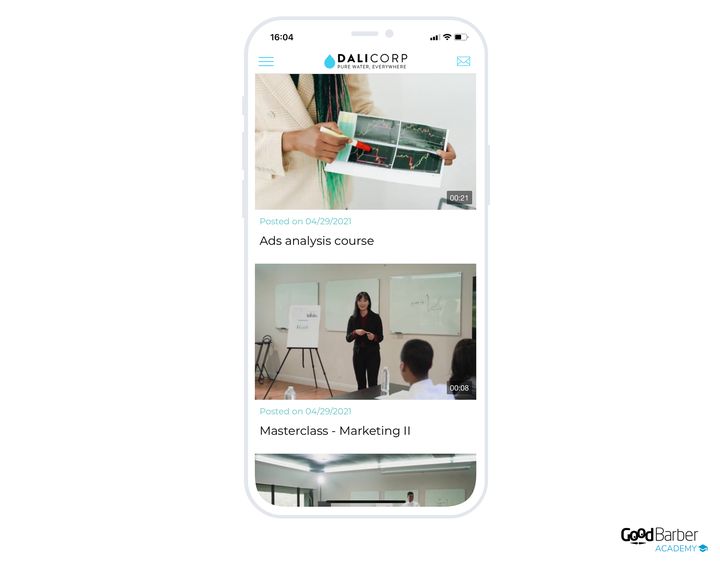 A video list in a company app: the thumbnails take the full width, their duration set into a corner, with the publication date and the title below.