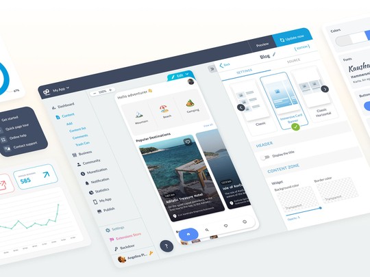 Illustration showing the various elements of the GoodBarber back office, such as the live preview and customization panels.