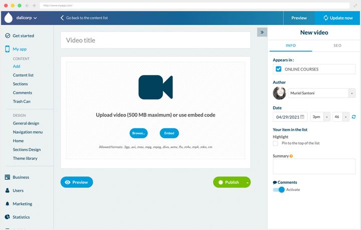 Creating a video in the back office: in the middle, a drop area that states the maximum size and offers either to upload a file or to paste an embed code, with the list of accepted formats. On the right, the category, the author, the date, the pin to the top of the list, a summary and the comments switch.