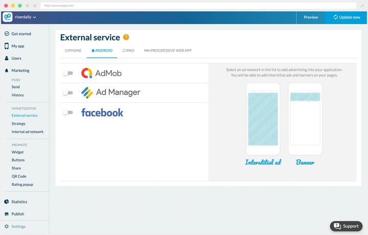 The external ad networks screen, open on the Android tab of a bar that also holds iPhone, iPad and Progressive Web App. On the left, three networks in a row, AdMob, Ad Manager and Facebook, each preceded by a switch, all of them off. On the right, two phone outlines show the formats served: a panel filling the whole screen, and a strip sitting at the top of the page.