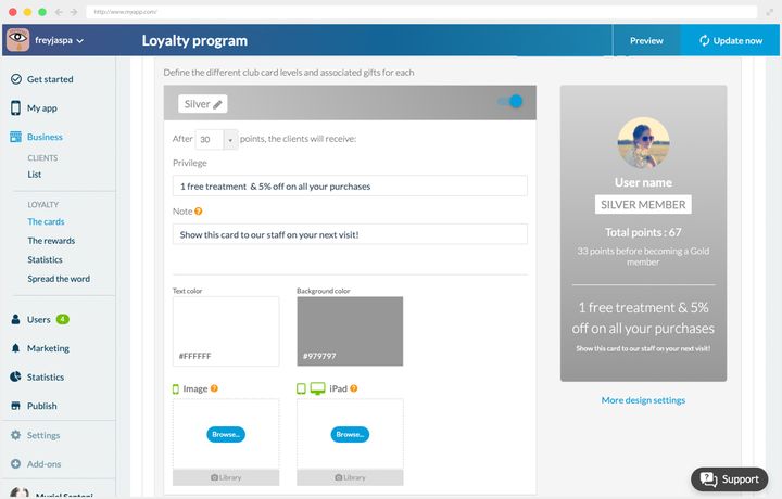 Settings of a member card status: number of points, name of the privilege, explanatory note, colours and card image, with a preview on the right.