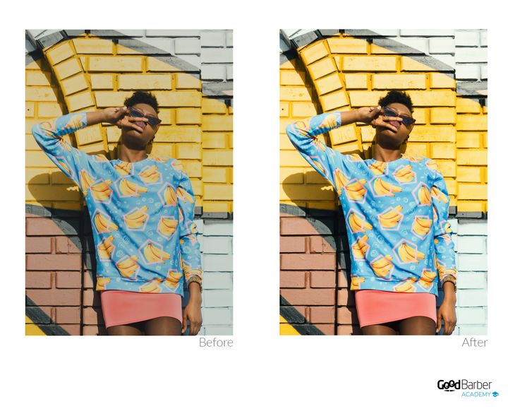 The same fashion photo, before and after retouching. On the right, the colours are cleaner and the contrast stronger: the garment stands out better against the painted wall.