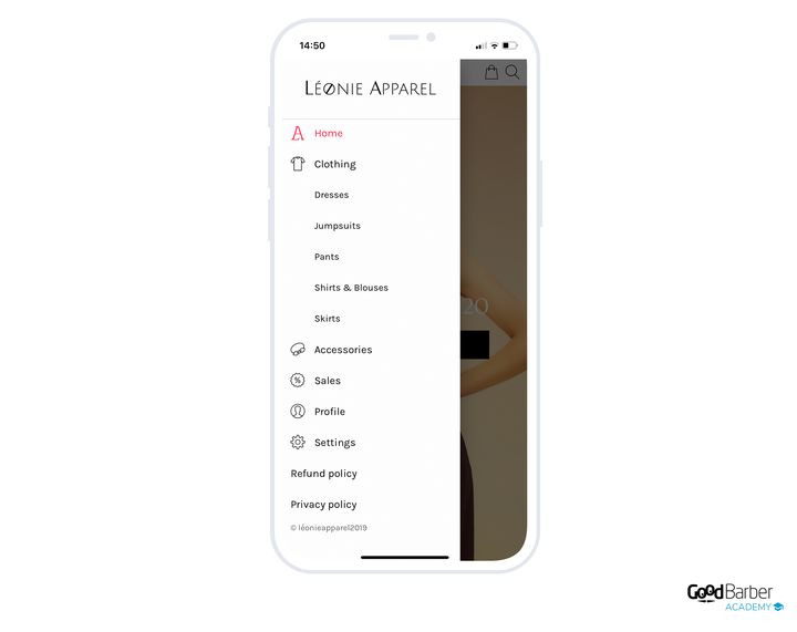 The menu of a clothing shop: under the clothing entry, five sub-entries list the collections, while the other entries stay at the first level.