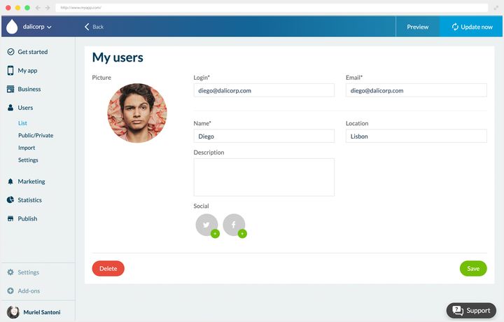 The record of one registered user, opened from the list. Their photo on the left, then their fields: login, email, name, city, free description, and two social network chips to attach. At the bottom, delete on the left, save on the right.