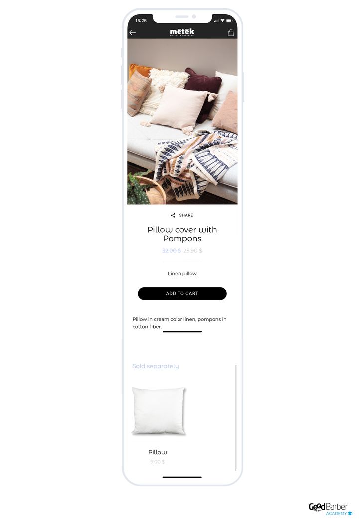 The same page, this time with a complementary block: a single product is offered there, the inner cushion sold separately.