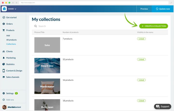 The shop's collection list. At the top, a search field and, circled, the green button that creates one. Below, each collection takes a row: its thumbnail with the title set into it, its number of products, and a chip saying whether it appears in the app's menu.