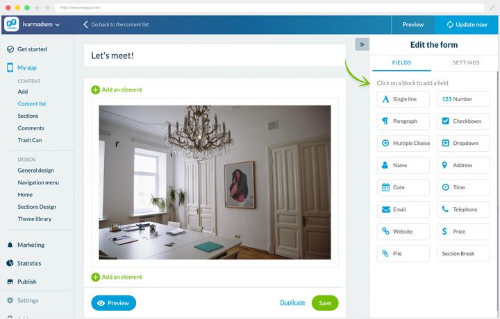 Editing a form: on the left its title and an illustration; on the right, the palette of available fields, a single line of text, a number, a paragraph, checkboxes, a single choice, a dropdown, a name, an address, a date, a time, an email, a telephone, a website, a price, a file and a section break.