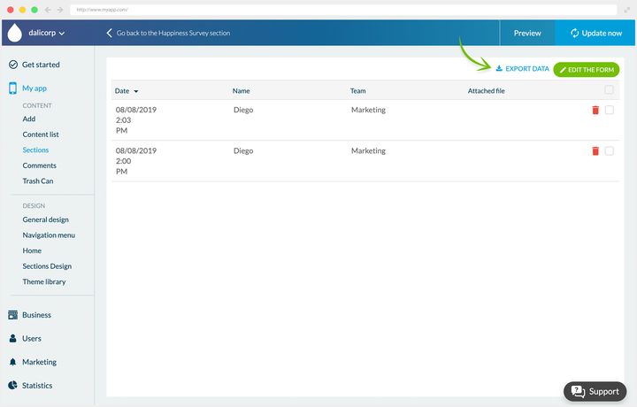 A form's answers in the back office, as a table: the date, the form fields as columns, and the attached file. A bin closes each row. Circled by the arrow, at the top right, the data export and the way back to editing the form.