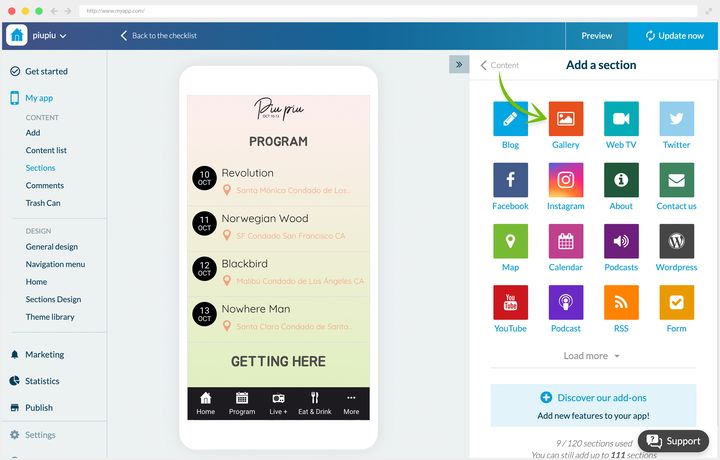 The panel for adding a section, an arrow pointing at the gallery tile among the available types. On the left, the preview of the festival app with its programme and its tab bar.