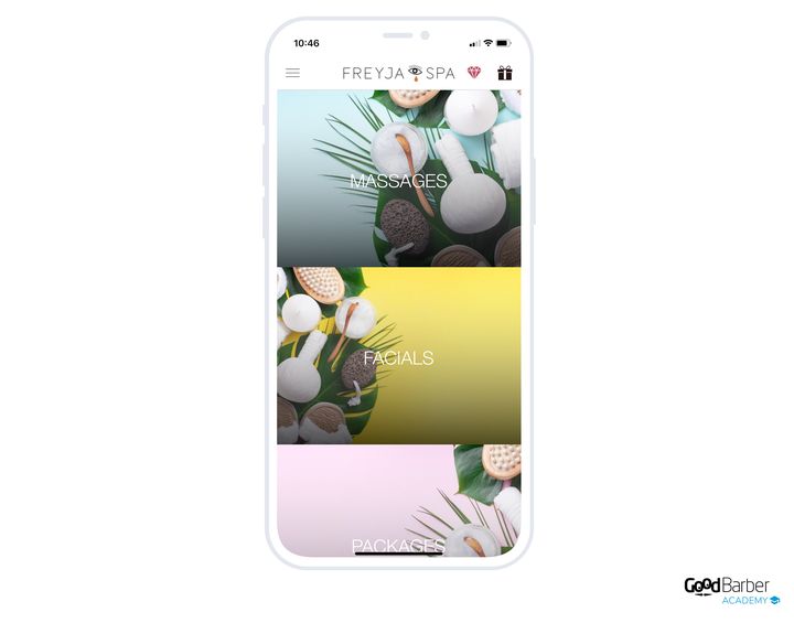 The home of a spa app: three treatment categories, each a full-width image with its name set into it.