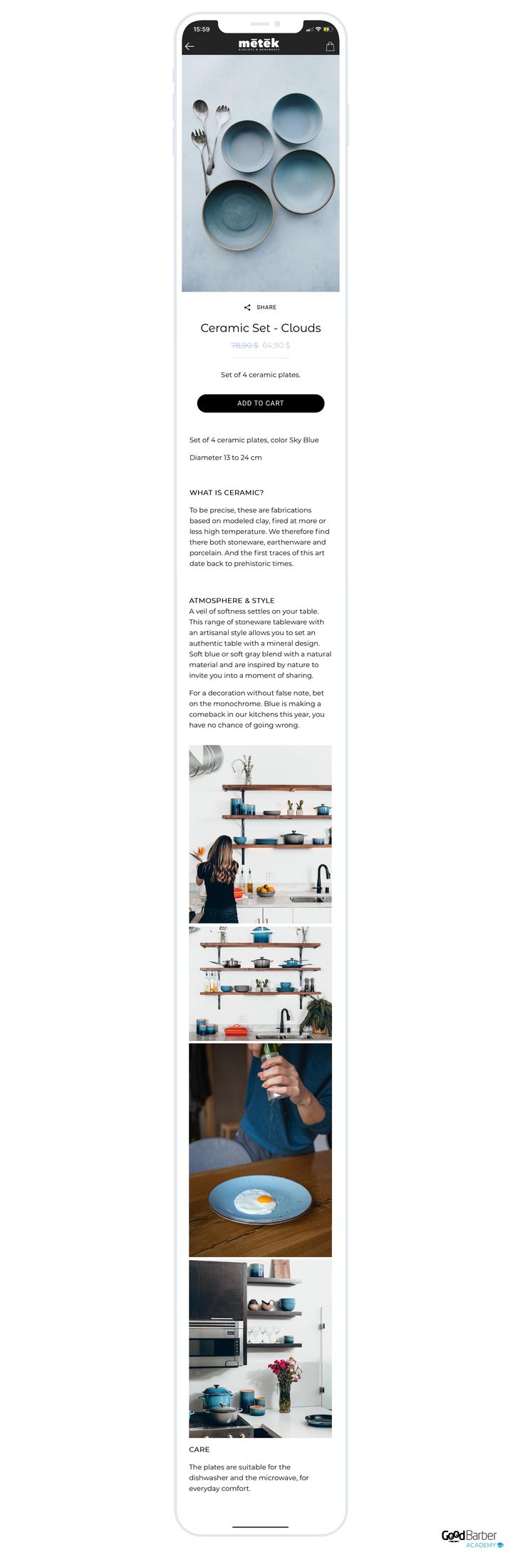 A tableware product page, seen from top to bottom. After the photo, the title, the old price next to the discounted one and the buy button, the description is organised into titled blocks: what ceramic is, the mood of the range, how to care for it. In between, four photos show the pieces in use.