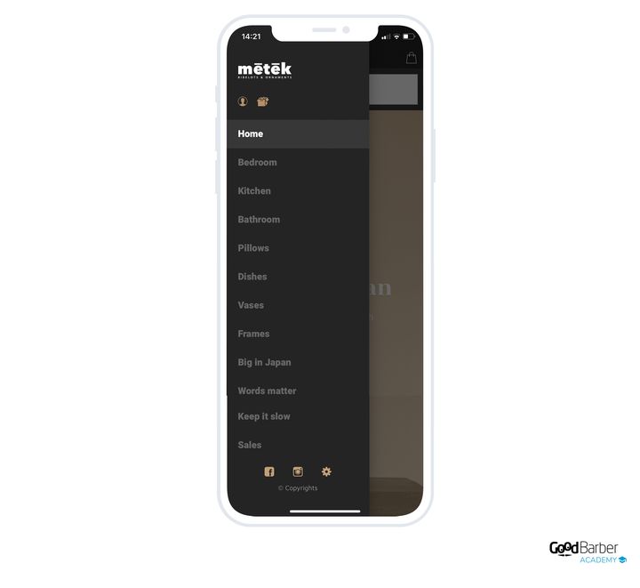 The menu of a shop where every collection stands on its own: twelve entries follow one another, from the home page to the sales, one per product family. At the bottom of the panel, two social networks and the settings.