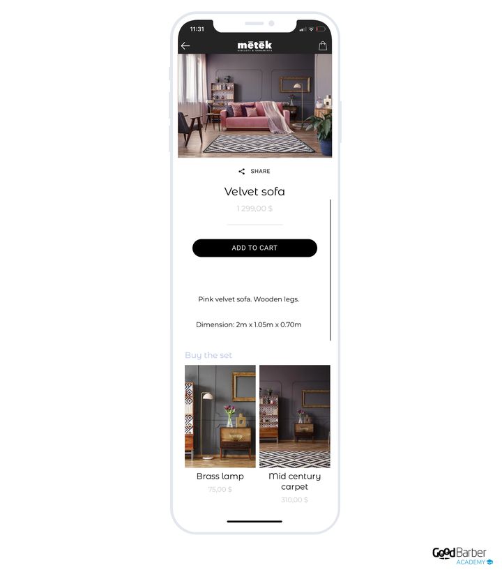 A sofa page: under the dimensions, a block invites you to complete the set with the floor lamp and the rug seen in the lifestyle photo.