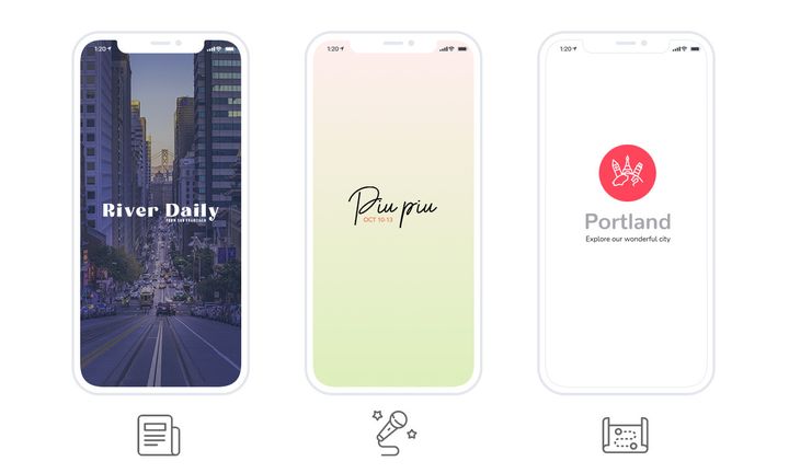 Three launch screens of content apps: a local daily, a music festival with its dates, and a city guide. Under each phone, an icon recalls the subject.
