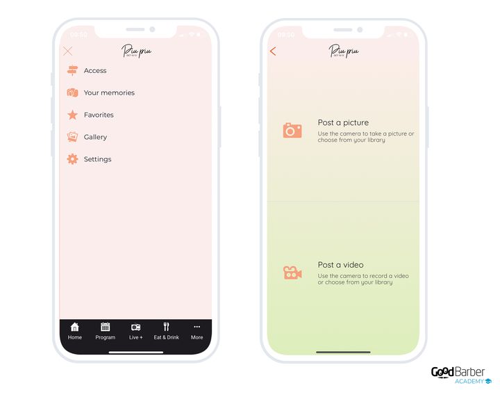 The same mechanism in a festival app: the menu invites attendees to post their memories, and the posting screen keeps two moves, picture and video, each on its own coloured background.
