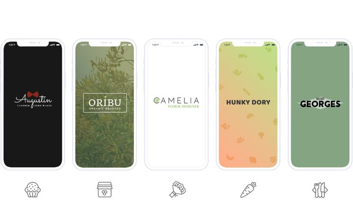 Five app launch screens for click and collect: a caterer, a local producer, a florist, a grocery and a restaurant. Under each phone, an icon recalls the trade.