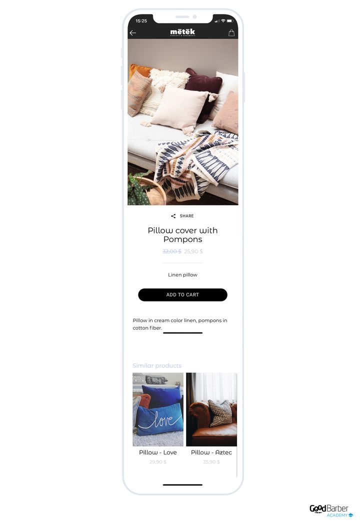 A cushion cover page, old price next to the discounted one. Under the description, a block of similar products offers two other cushions, with their photo and their price.