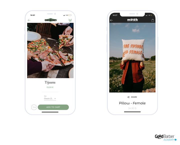 Two product pages: a pizza shared between several hands on a restaurant table, with the choice of size and quantity under the price; a cushion held at arm's length in a field. Two settings that tell how the product is used.