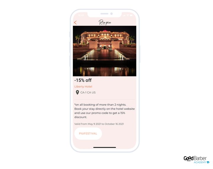 The detail of a Piu Piu festival partner coupon, with the amount of the offer and the address of the venue.