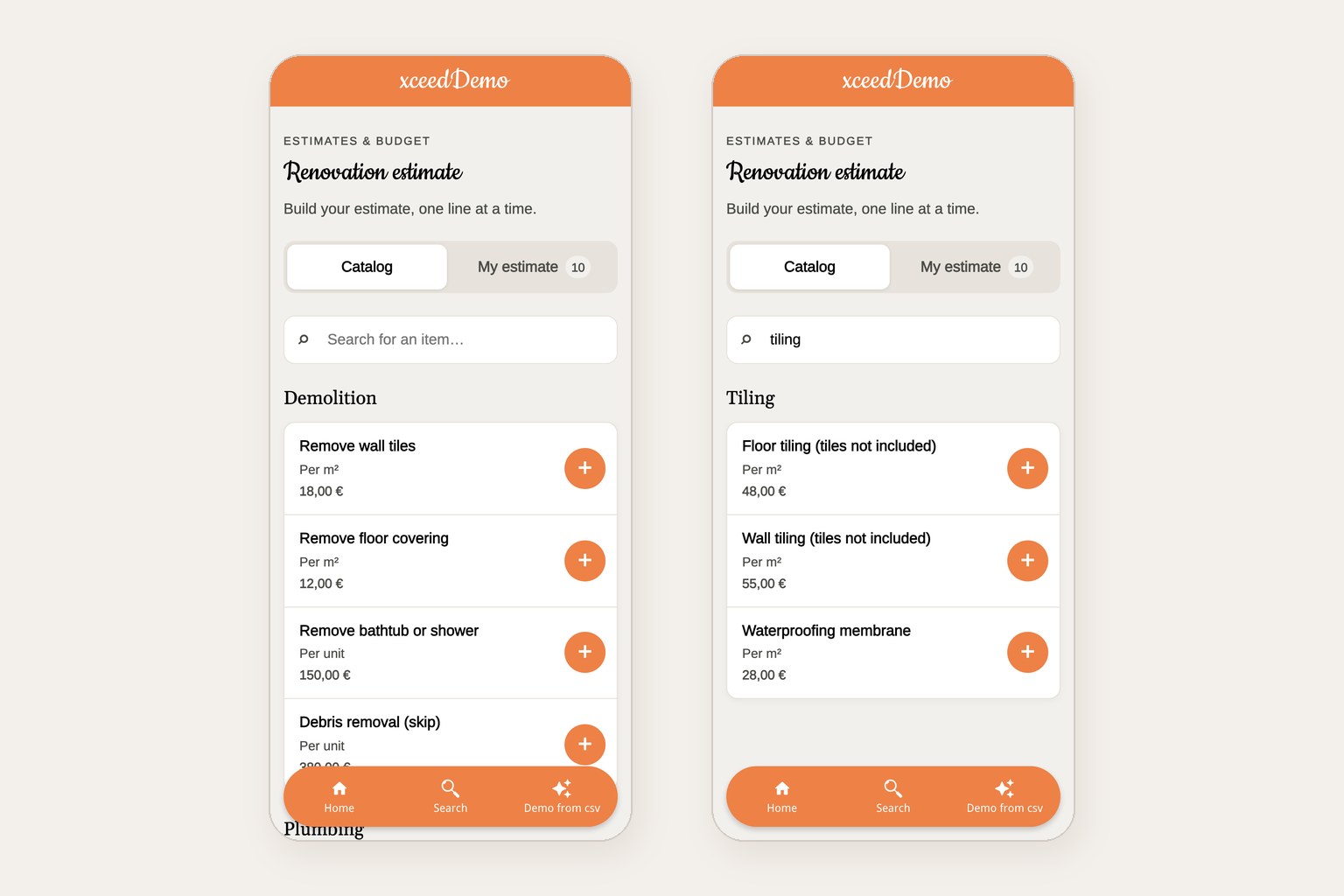 Two phone screens of the renovation estimate app section: the catalog built from the 30-row CSV price list, grouped by category with a unit price per item, and the same catalog filtered by the search term tiling.