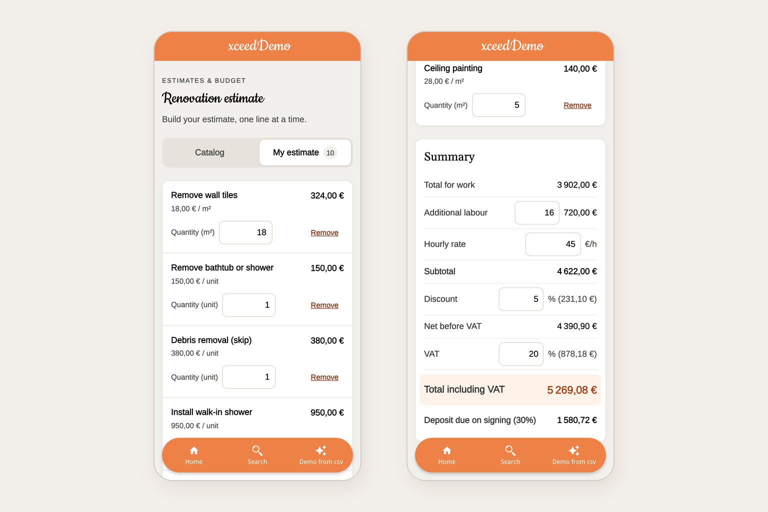 Two phone screens of the renovation estimate app section: the quote lines with their quantities and line totals, and the summary with total for work 3,902.00 euros, additional labour 720.00 euros, subtotal 4,622.00 euros, total including VAT 5,269.08 euros and a deposit of 1,580.72 euros, the same figures as the Excel file.