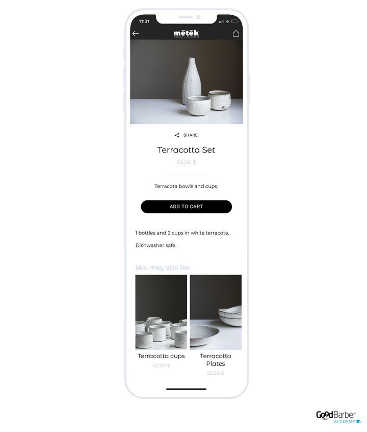 A terracotta set page: under the description, a suggestion block offers the cups and the plates from the same range.