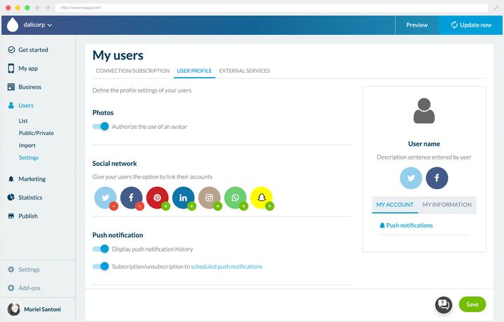 The second tab, the profile one. A switch authorises the profile photo; a row of seven social network chips is added to or trimmed by a button sitting on each one; two switches control the notification history and the subscription to scheduled sends. On the right, the profile preview updates.
