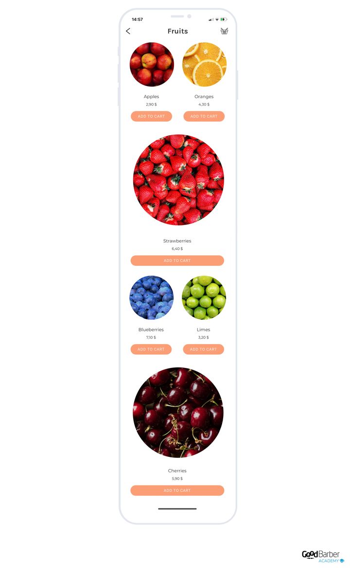A fruit list where two products are highlighted: they take the full width of the screen, with a larger photo, while the others stay in two columns.