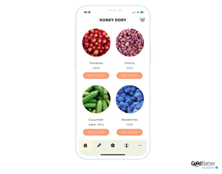 A grocery's product list in the app, as a two-column grid. Each product sits in a round thumbnail, with its name, its price, and an add-to-cart button right below it; one of the four shows its old price struck through next to the new one. At the bottom, the app's tab bar.
