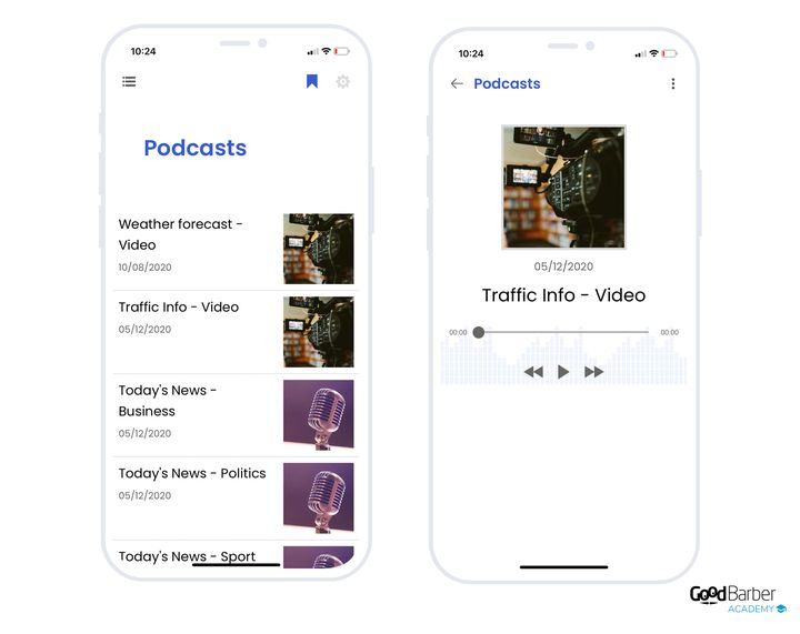 Two screens of a news app: on the left, the list of episodes, each with its title, its date and its thumbnail; on the right, the player open, with the cover, the date, the title, the progress bar laid over a waveform and the three playback buttons.