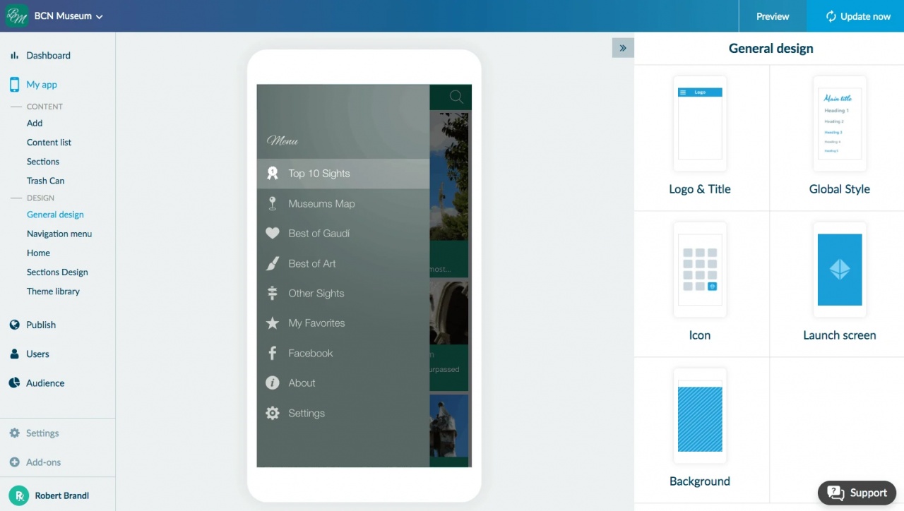 Screenshot of the app builder CMS interface where users manage and update their mobile application content.