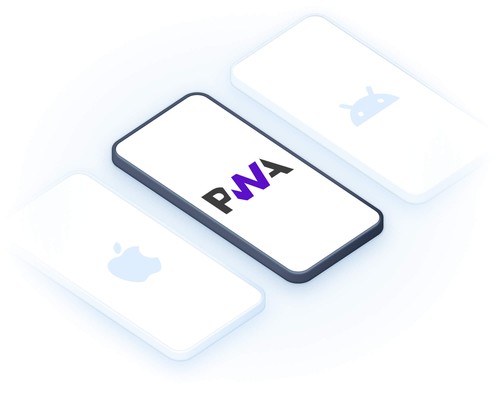 Illustration of three smartphones representing Progressive Web Apps (PWAs) compatible with iOS, Android, and the web, with the PWA logo highlighted.