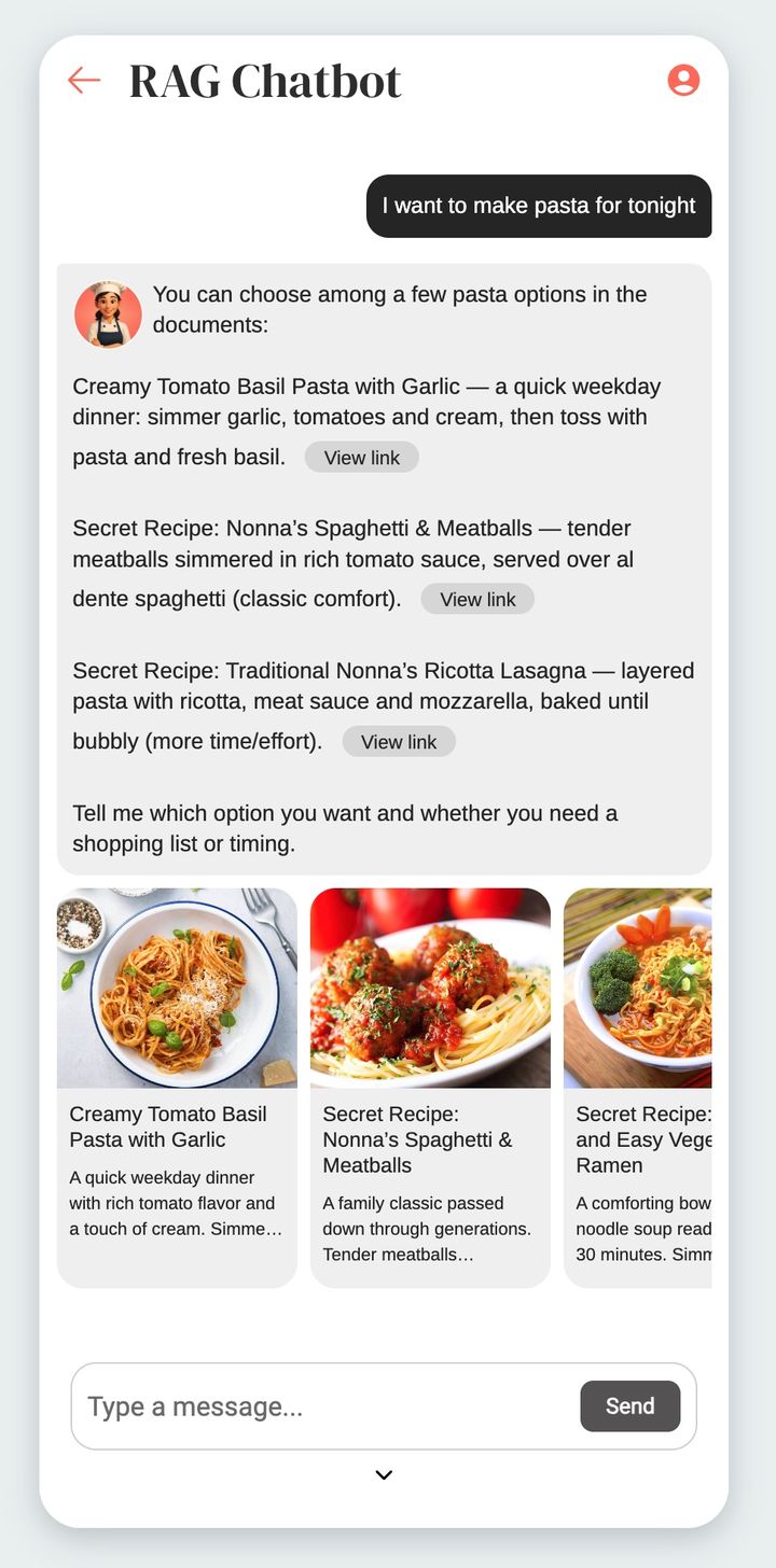 The full screen of a chatbot in a cooking app. At the top, the title of the section, a back arrow and access to the account. The reader's question shows on the right in a dark bubble, the answer follows below, preceded by the assistant's avatar: three recipes offered, each summed up in one line and followed by a button that opens the matching article, then a question inviting the reader to choose. Under the conversation, a row of scrolling cards lists the recipes used as sources, each with its photo, its title and the start of its description; the third is cut off by the edge of the screen, a sign that the row scrolls. At the bottom, the input field and its send button.